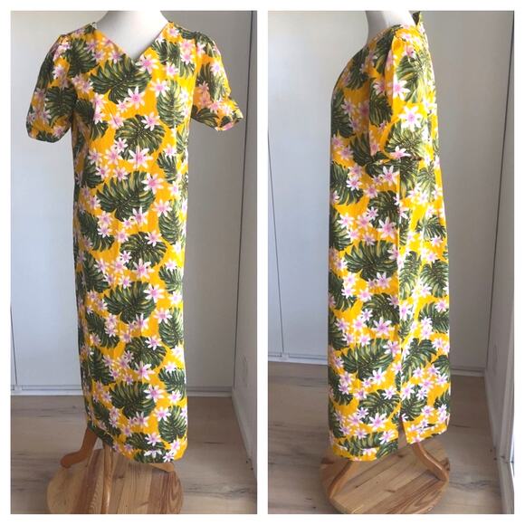 Vintage Hawaiian Mumu Dress Midi Yellow Pink Tropical Print Vacation Size Medium - Picture 2 of 11